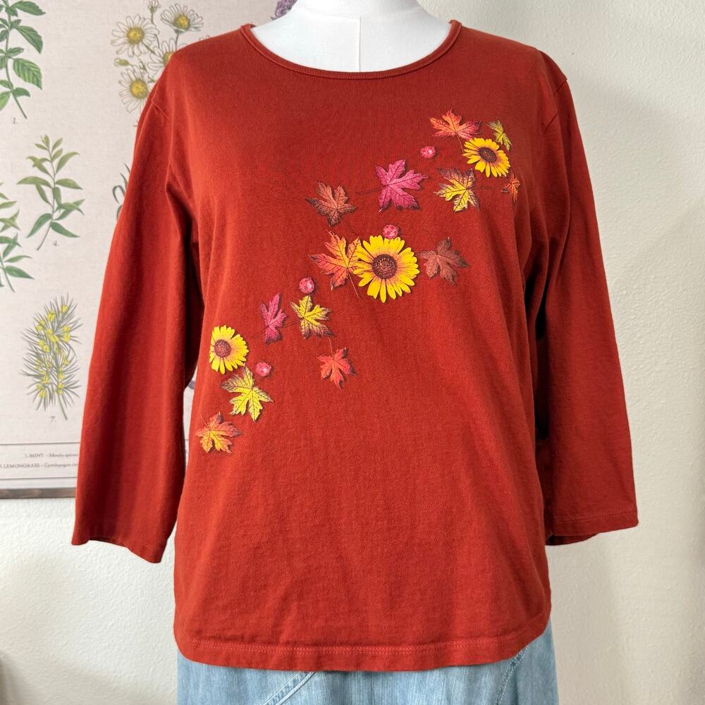 Vintage Y2k Floral Fall Leaves Ladybug Graphic Tee Top Cottage Forest Grandma XL